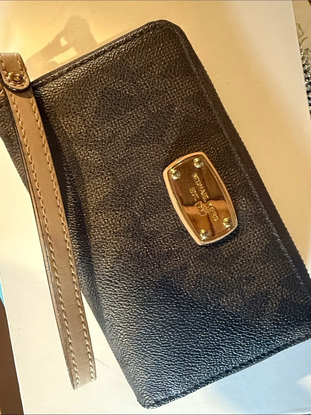 Michael Kors Brown Pebbled Leather Wristlet with Tan Strap and Gold Plaque
